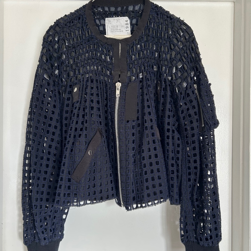 Sacai Nevy and Black Mesh Latice Bomber Jacket